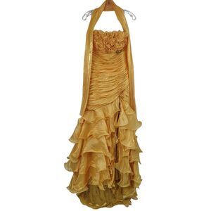 Vintage 00s Alyce Designs Womens Yellow Ruffle Long Prom Dress size 10 Mermaid